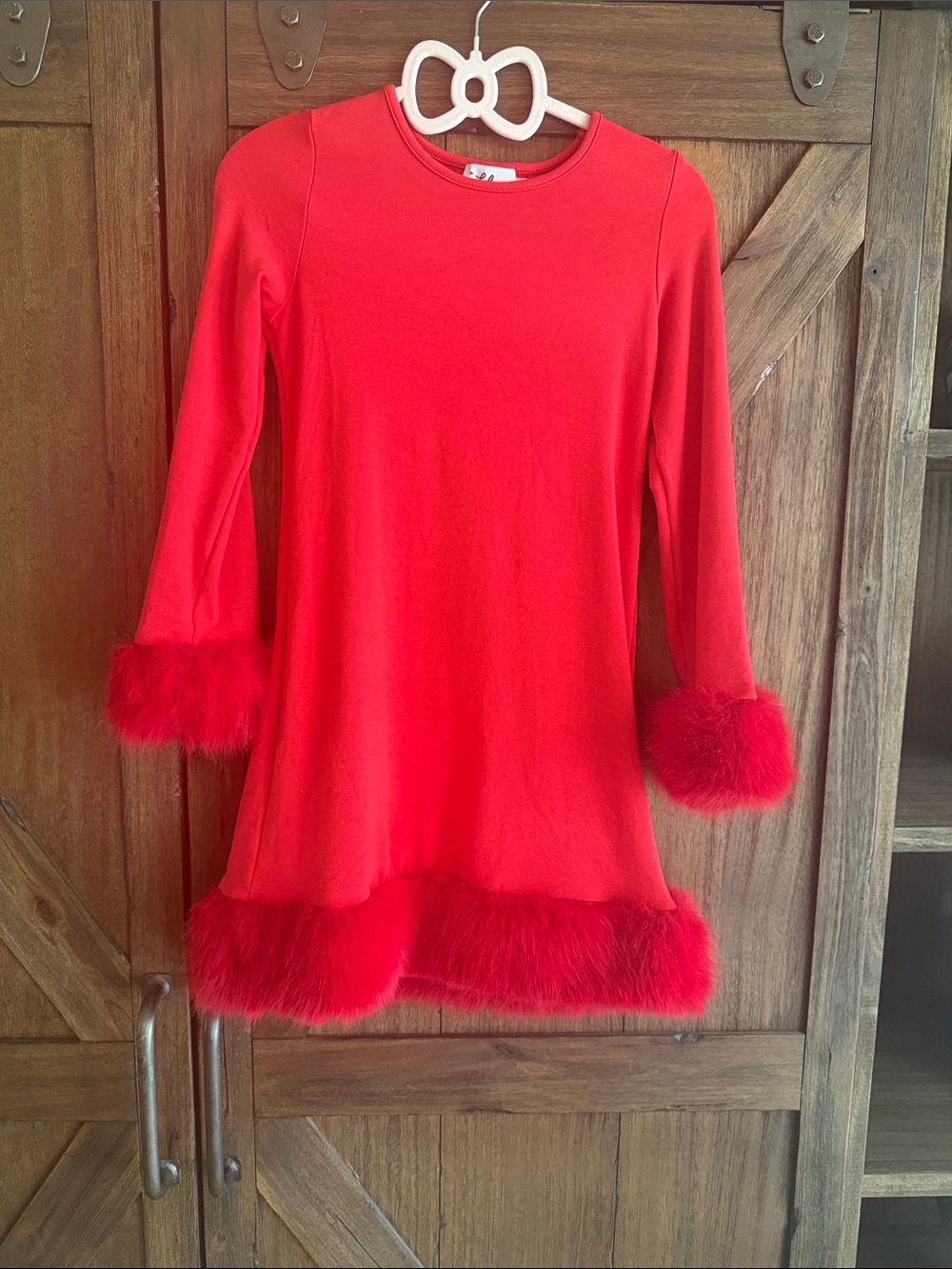 Lola and the Boys Red Long-Sleeve Dress with Faux Fur Cuffs & Hem